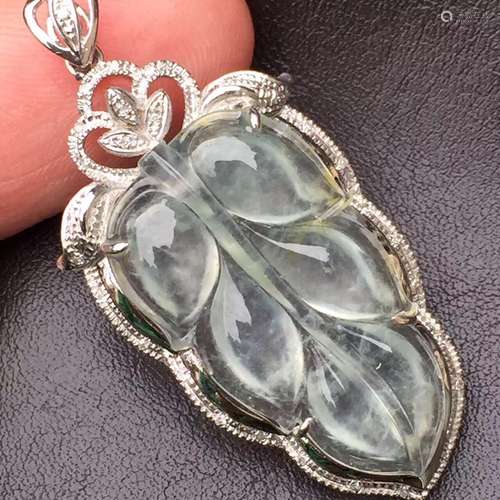 18K Gold Diamond Natural Jadeite Leaf Pendant