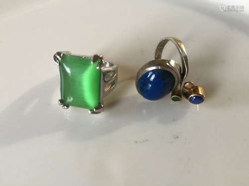 Two Rings Lapis Silver and Green Stone