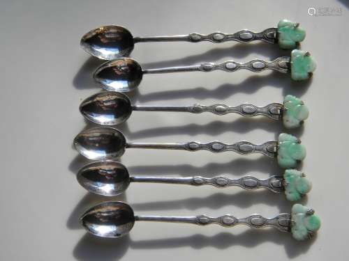 Six Antique Chinese Silver Spoon Jadeite Bufddha Marked