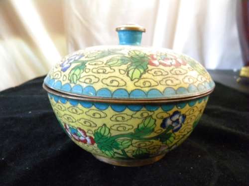 Antique Chinese Yellow Cloisonne Bowl with Cover