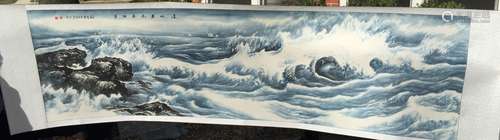 Huge Vintage Chinese Painting of Wave and Seagull