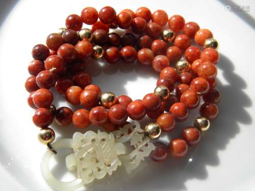 Antique Red Jadeite Necklace with 14K Gold Bead and