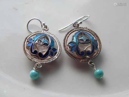 Pair of Chinese Silver Enamel Earrings