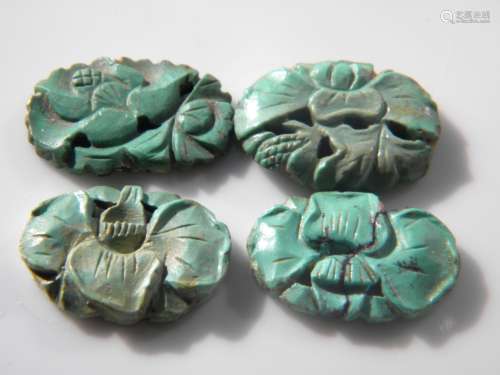 Four Antique Chinese Carved Turquoise Flower Pendants