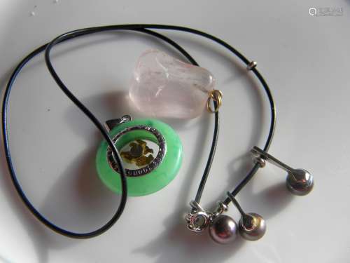 Pearl Necklace, Pink Quartz Pendant and green pendant