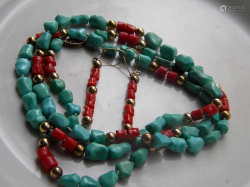 Antique Chinese Natural Turquoise Blood Coral Necklace