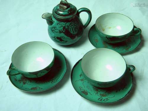 GROUP OF GREEN GLAZE PORCELAIN WITH DRAGON PHEONIX