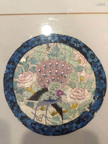 Antique Chinese Round Bird Embroidery Framed