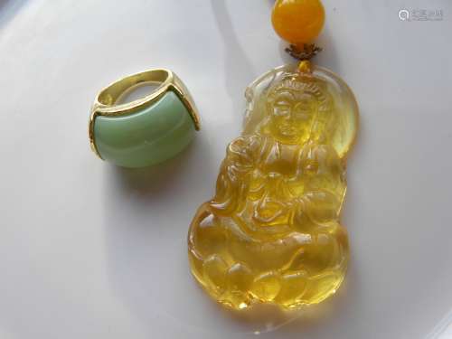 Yellow Guanyin Pendant and Green Ring