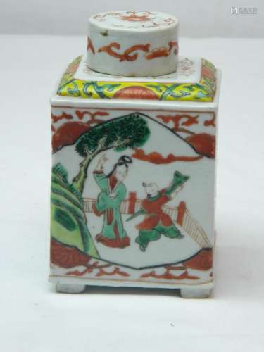 ANTIQUE CHINESE WUCAI TEA CADDY, SHOWS FLOWER PATTERN