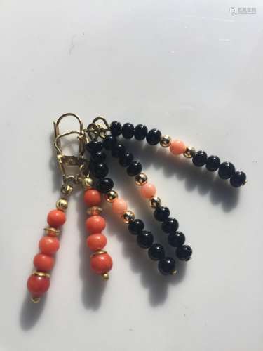 Antique Gold Red and Black Coral Earring Pendant set