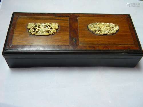 Antique Rosewood Box with Ivory Carving Inlay