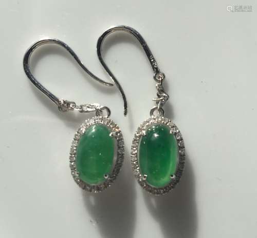 Pair of 18K Gold Diamond Natural Jadeite Earrings
