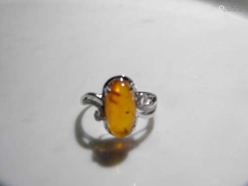 Natural Amber Silver Ring