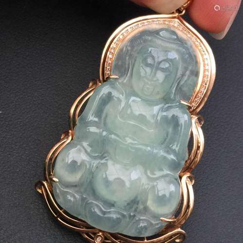 18K Gold Diamond Jadeite Guanyin Pendant