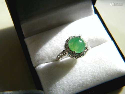 18K White Gold Plated Diamond Icy Green Jadeite Ring,