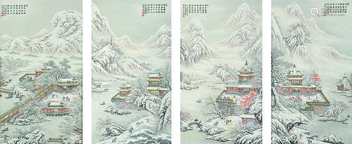 粉彩雪景瓷板 （一套）