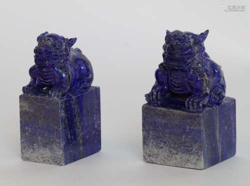 Pair of Chinese Lapis Carved Lion Seal