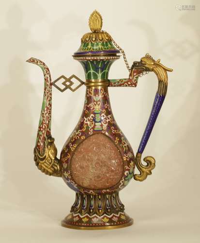 Chinese Cloisonne Ewer w/ Inlaid Jade