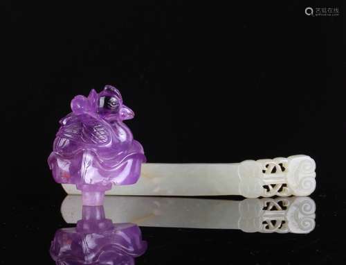 Qing Dynasty Jade Carved Hair Pin & Amethyst Bird