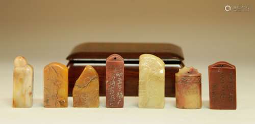 Group of Chinese Soapstone Carved Seals w/ BoxGrou