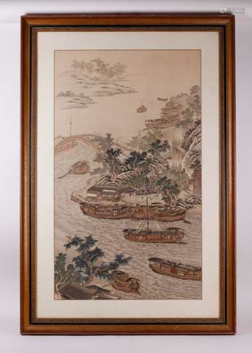 18th C. Ink & Color on Silk Scenery Painting