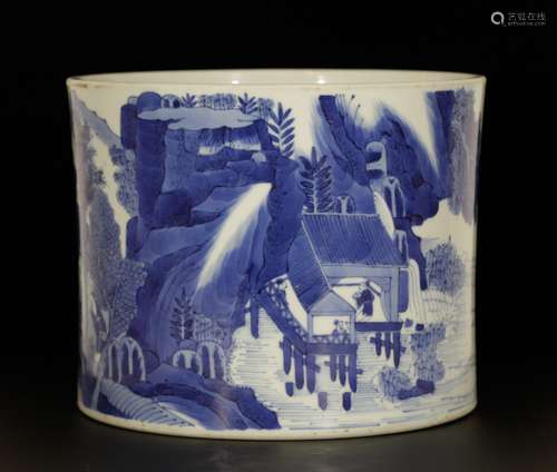 Chinese Qing Dynasty Blue/White Brush Pot