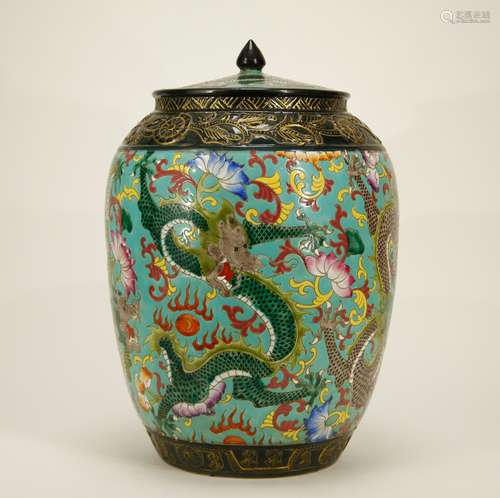 Chinese Green Glaze Porcelain Dragon Cover Jar