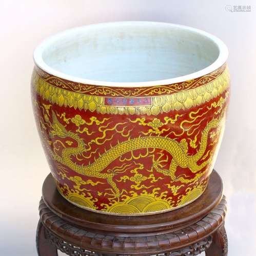 Chinese Red Glazed Porcelain Fish Jar w/ Yellow Dr