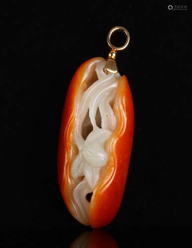 \Chinese Jade Carved Lotus Pendant w/ Natural Skin