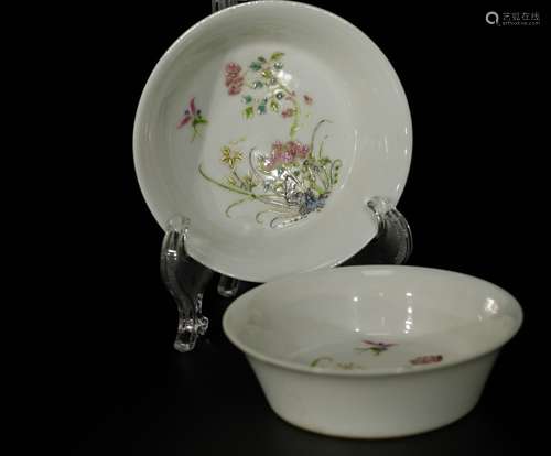 Pair of Chinese Famille Rose Dishes, Marked