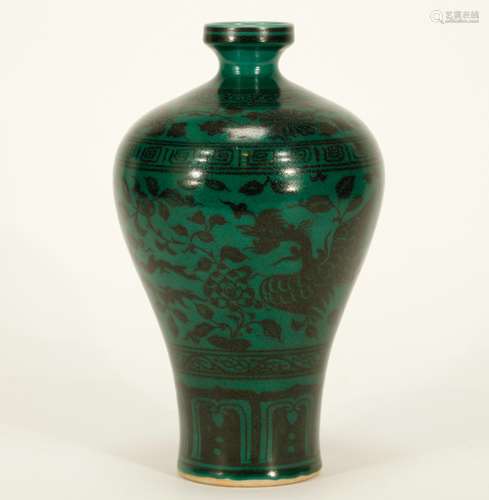 Chinese Green Glazed Mei Ping Vase, Marked