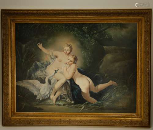 American Oil on Canvas Nude Painting of two Girls