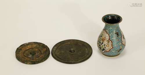 3 Pieces of Chinese Cloisonne Vase & Bronze Mirror