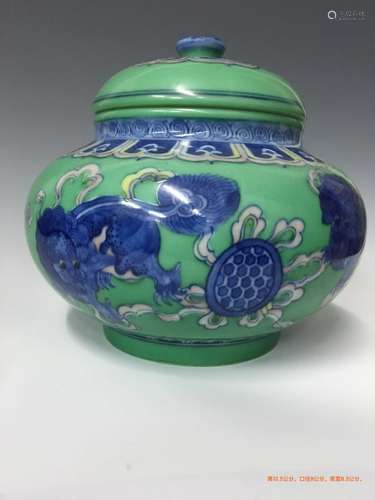 Chinese Blue Glazed Lion Cover Jar