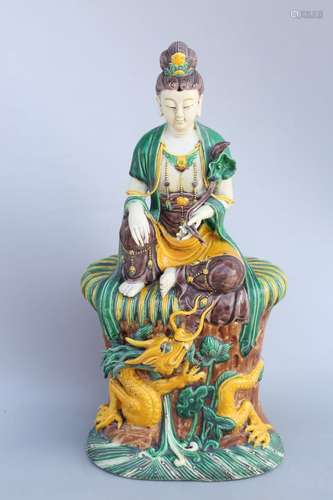 Qing Dynasty Chinese Tri-Color Porcelain Guanyin