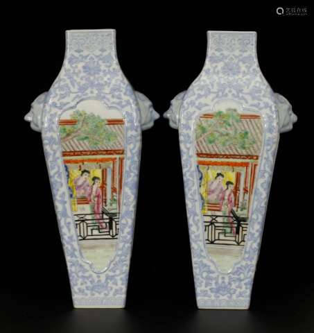 Pair of Famille Rose Square Vase