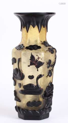 Chinese Black Overlay Yellow Peking Glass Vase