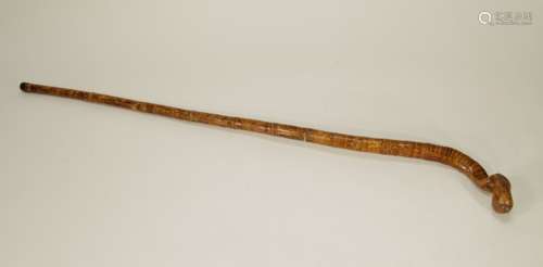 Antique Bamboo Cane w/ Carving Snake Handle Design