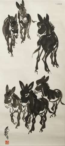 Chinese Watercolor Scroll Painting of Donkeys