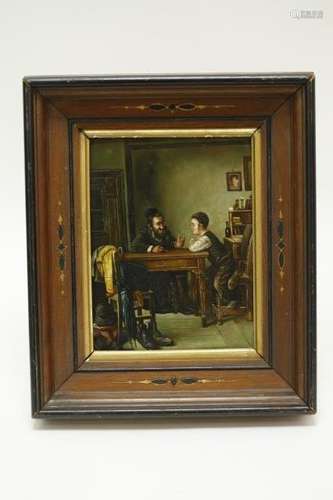 19th C. Oil Painting on Metal with Wood Frame