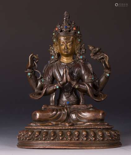 CHINESE GILT BRONZE FIGURE OF AVALOKITESVARA