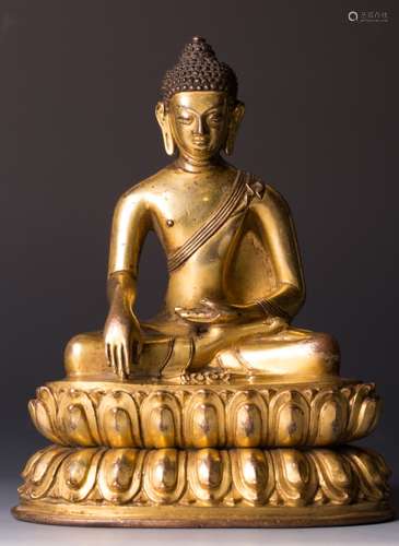 CHINESE GILT BRONZE FIGURE OF SHAKYAMUNI