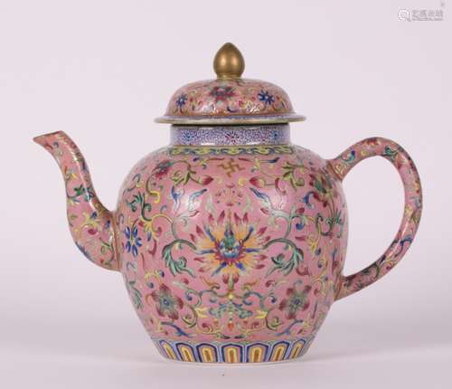 CHINESE PINK GROUND FAMILLE ROSE TEA POT