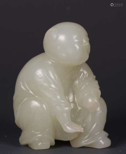 CHINESE CELADON JADE CARVED FIGURE OF BOY