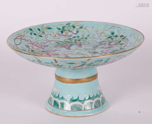 CHINESE TURQUOISE GROUND FAMILLE ROSE STEM PLATE