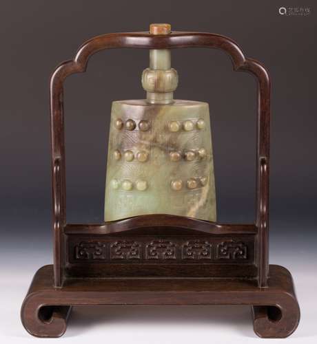 CHINESE YELLOW JADE CARVED BELL WITH STAND