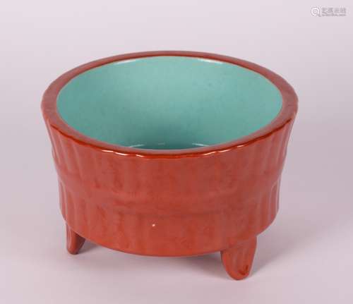 CHINESE CORAL RED GLAZED BAMBOO PLANTER'S POT