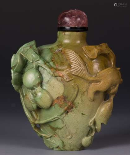 CHINESE TURQUOISE SNUFF BOTTLE, SQUIRREL & GRAPE