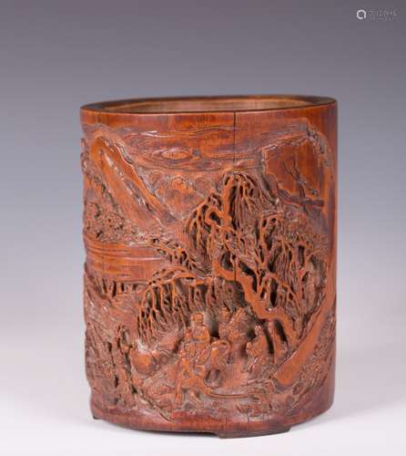 CHINESE BAMBOO CARVED MOUNTAIN SCENE BRUSH POT